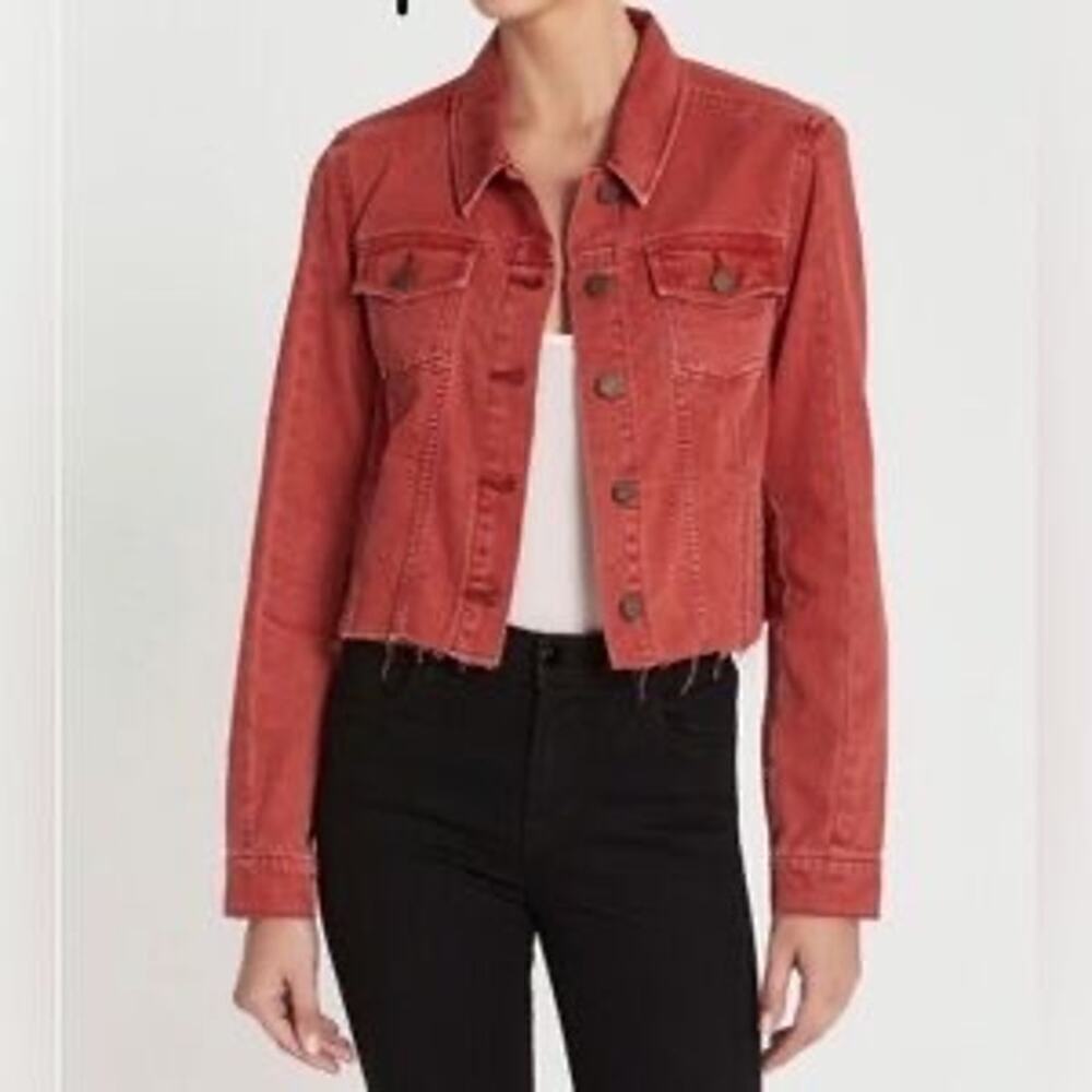 PAIGE Cropped Denim Jacket Red Raw Hem Women’s Medium